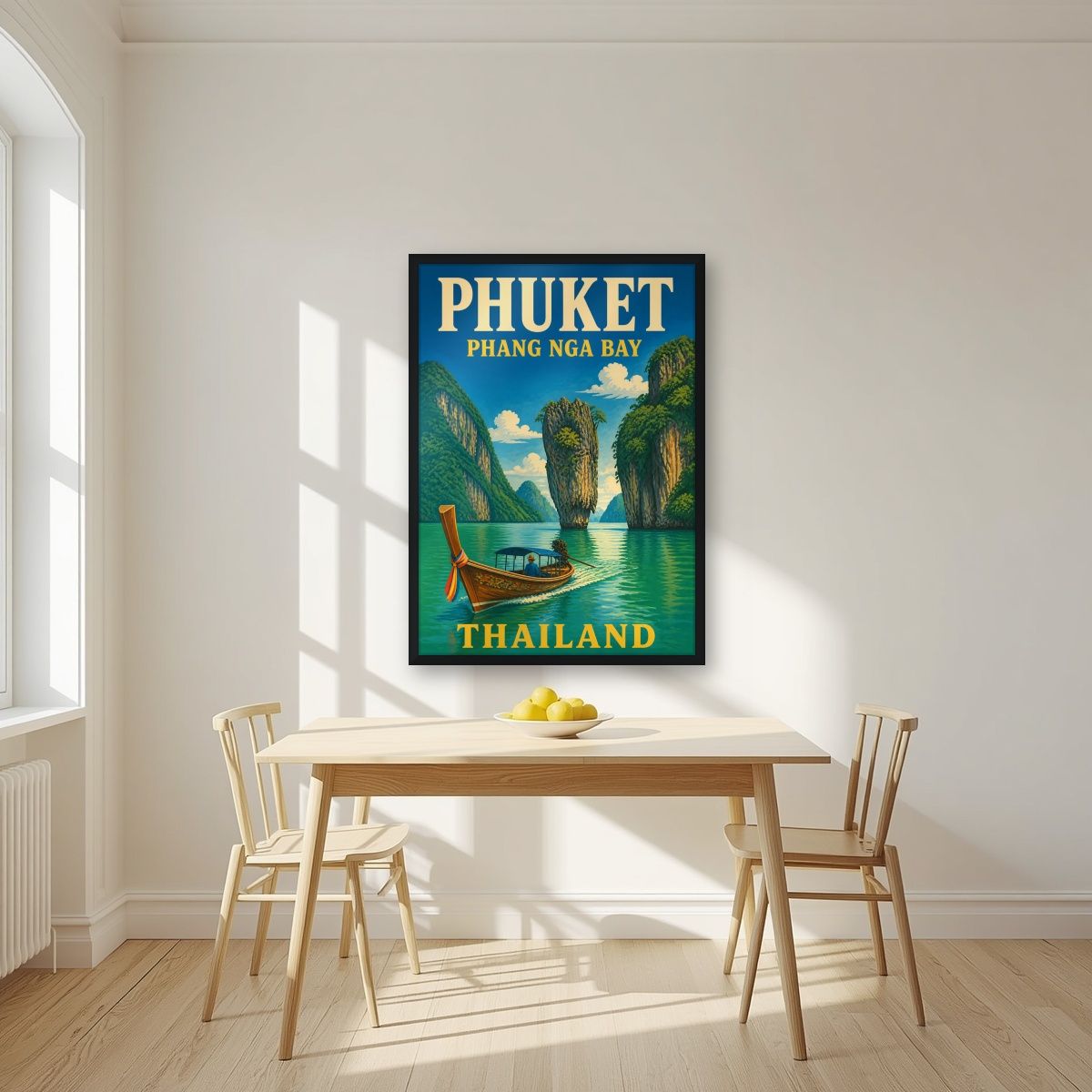 Ao Phang Nga — Phuket art print, in a black frame, styled in a kitchen