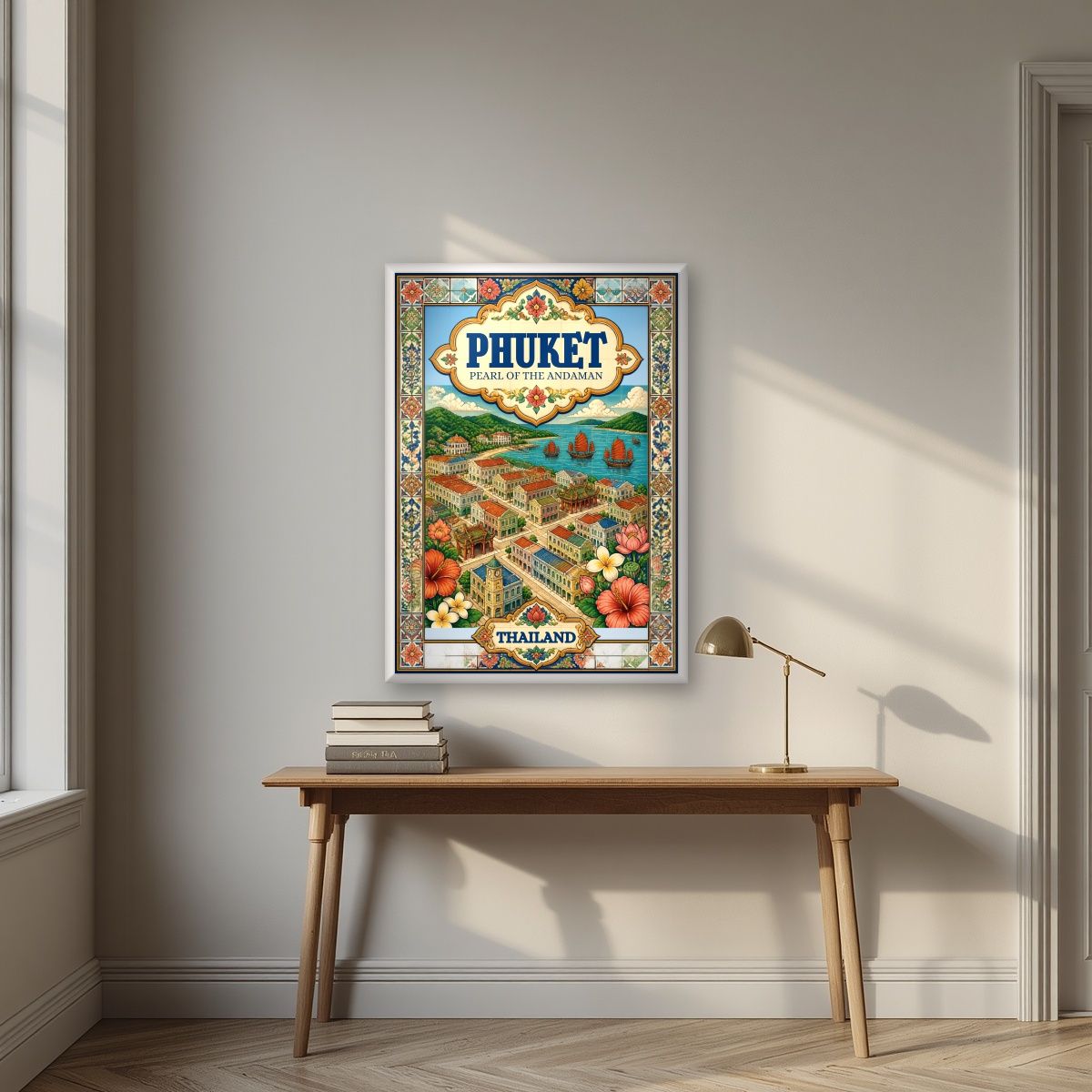 Khai Muk — Phuket art print, in a white frame, styled in a desk