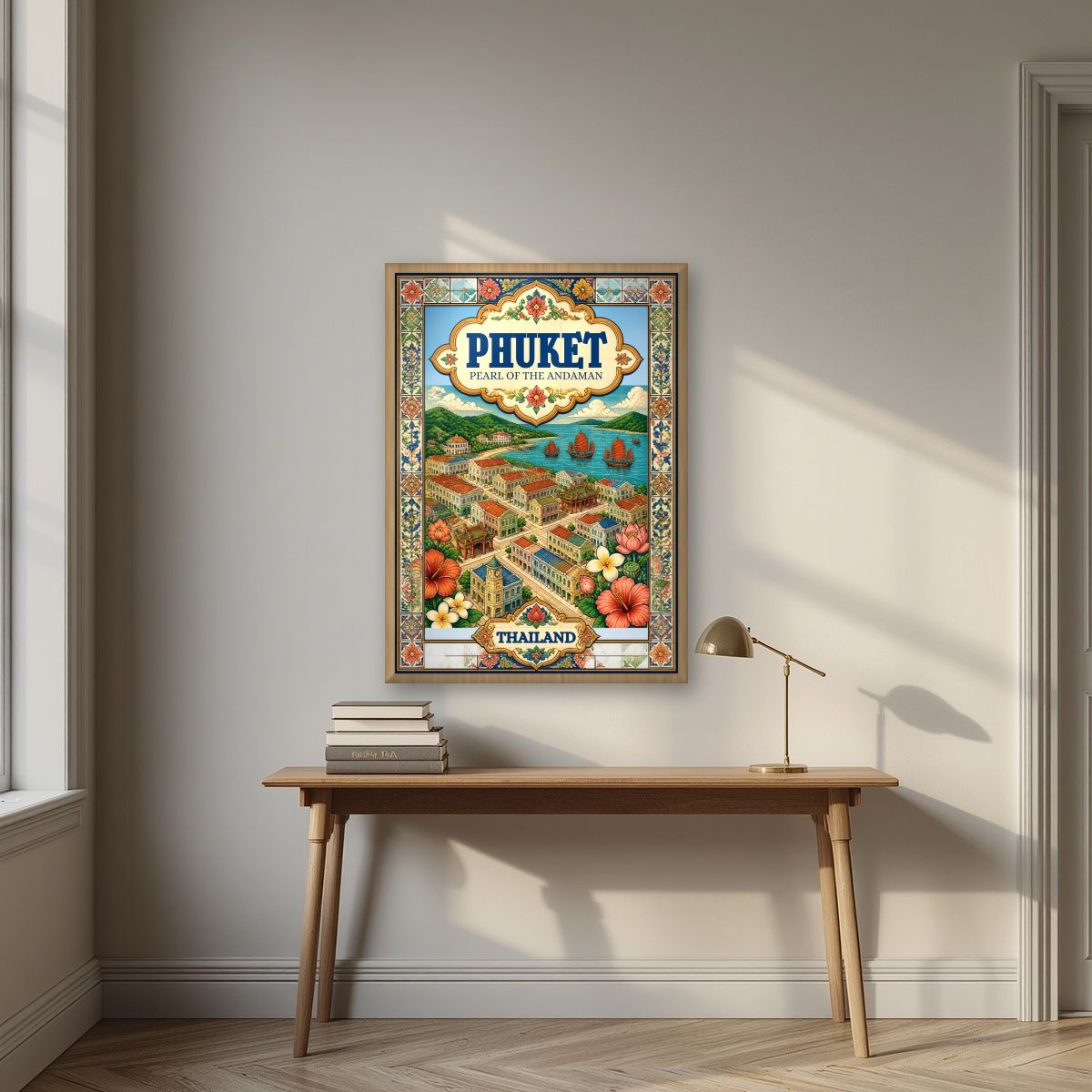 Khai Muk — Phuket art print, in an oak frame, styled in a desk