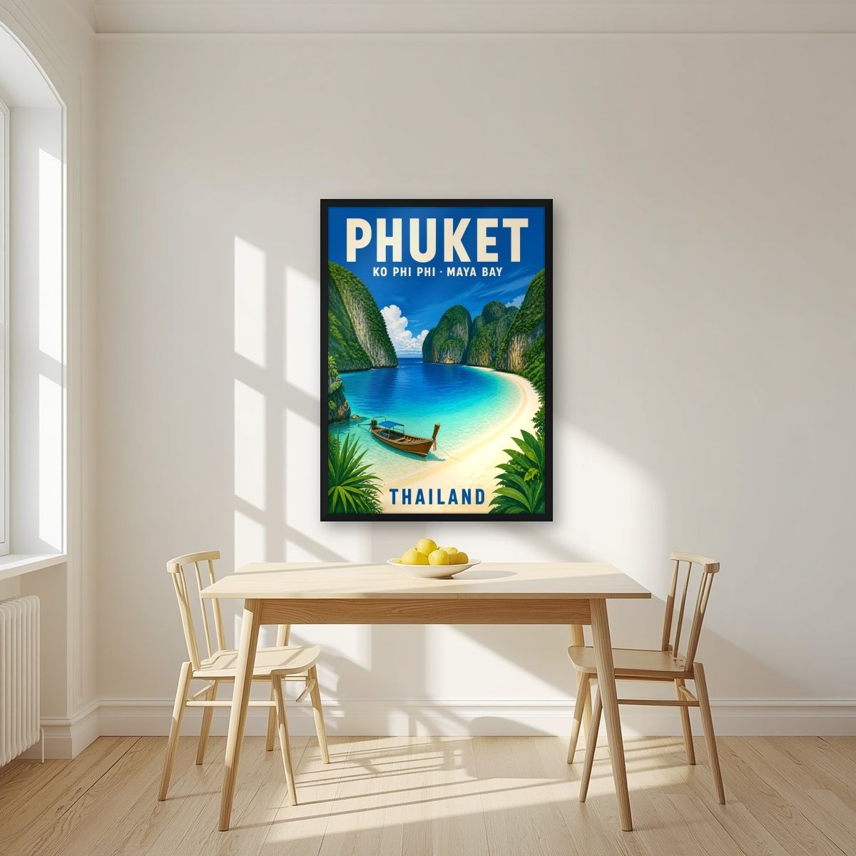 Maya Bay — Phuket art print, in a black frame, styled in a kitchen