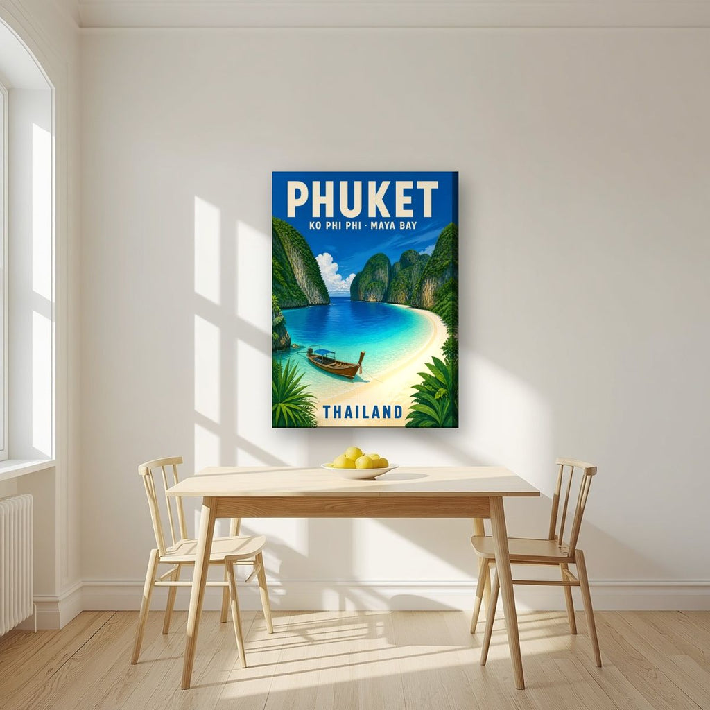 Maya Bay — Phuket art print, on slim canvas, styled in a kitchen