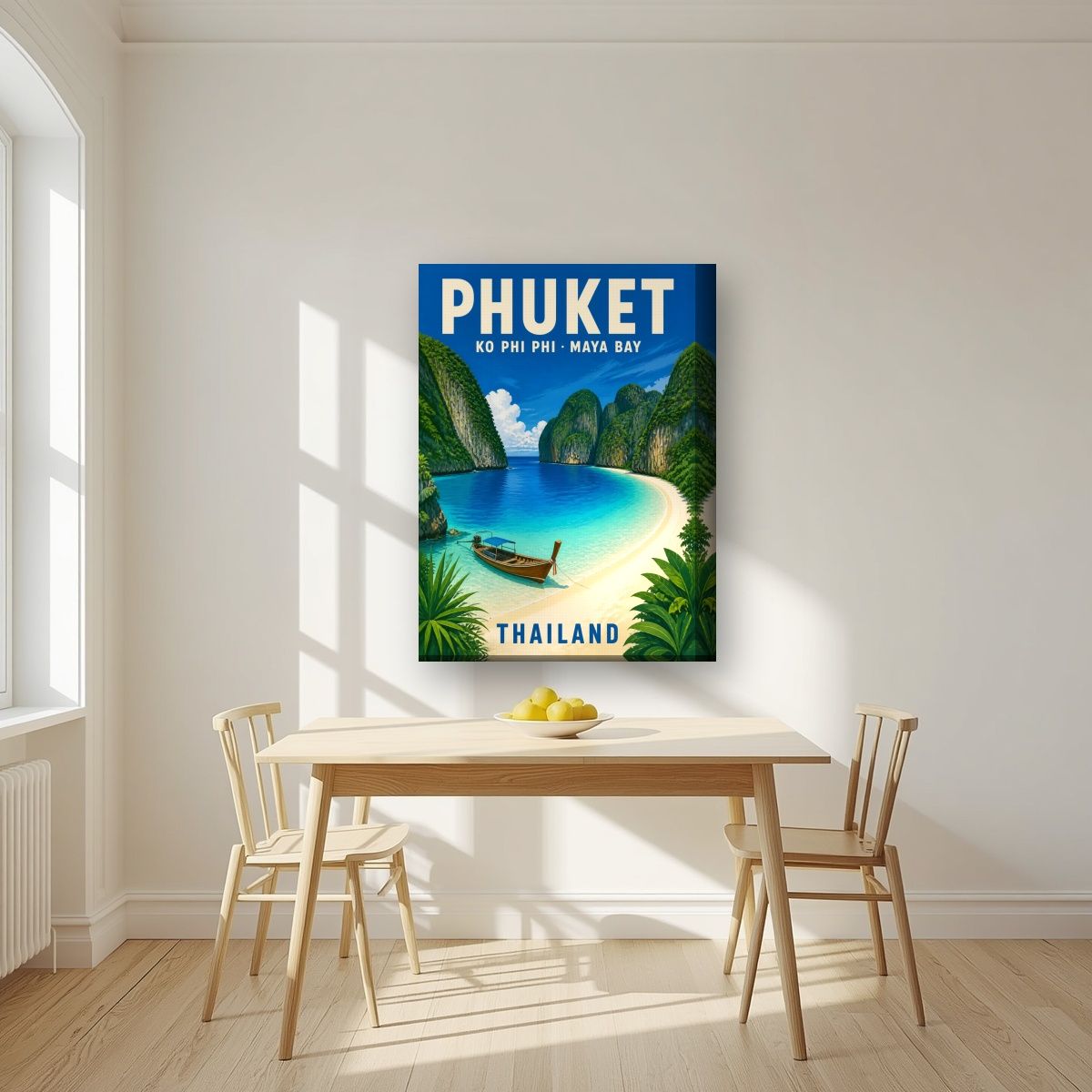 Maya Bay — Phuket art print, on thick canvas, styled in a kitchen