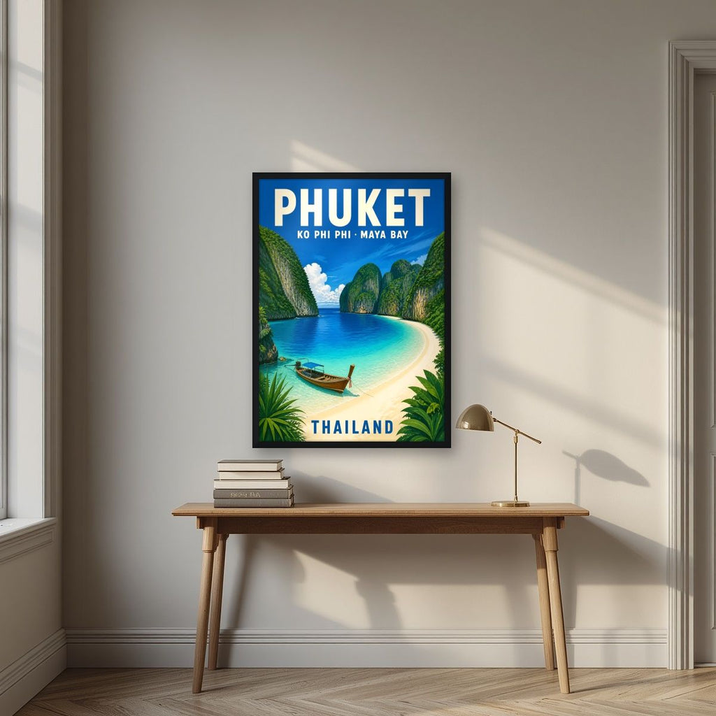 Maya Bay — Phuket art print, in a black frame, styled in a desk