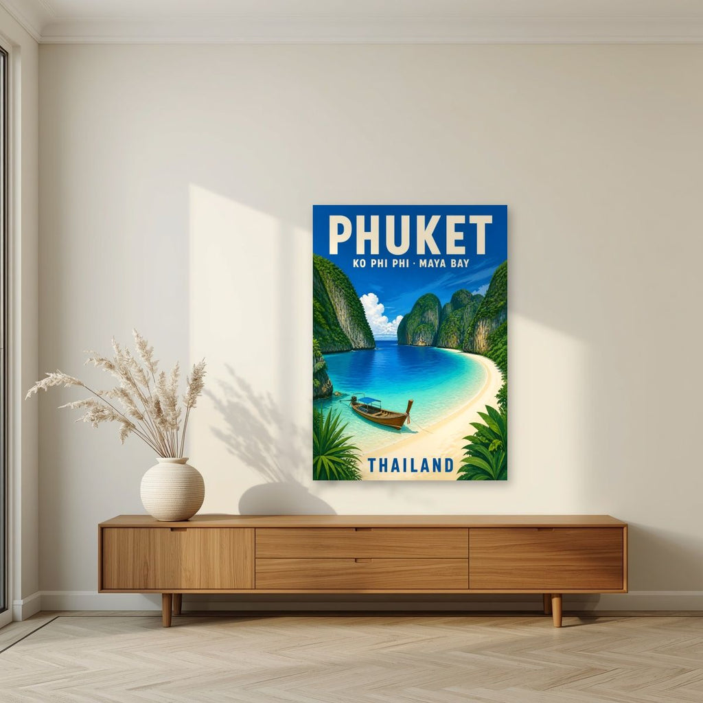 Maya Bay — Phuket art print, unframed poster, styled in a living room