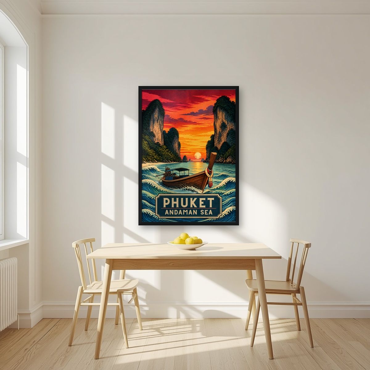 Reua Hang Yao — Phuket art print, in a black frame, styled in a kitchen
