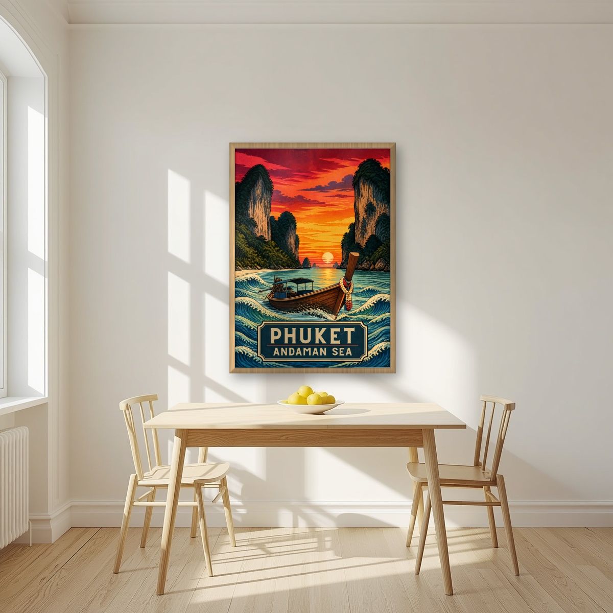 Reua Hang Yao — Phuket art print, in an oak frame, styled in a kitchen