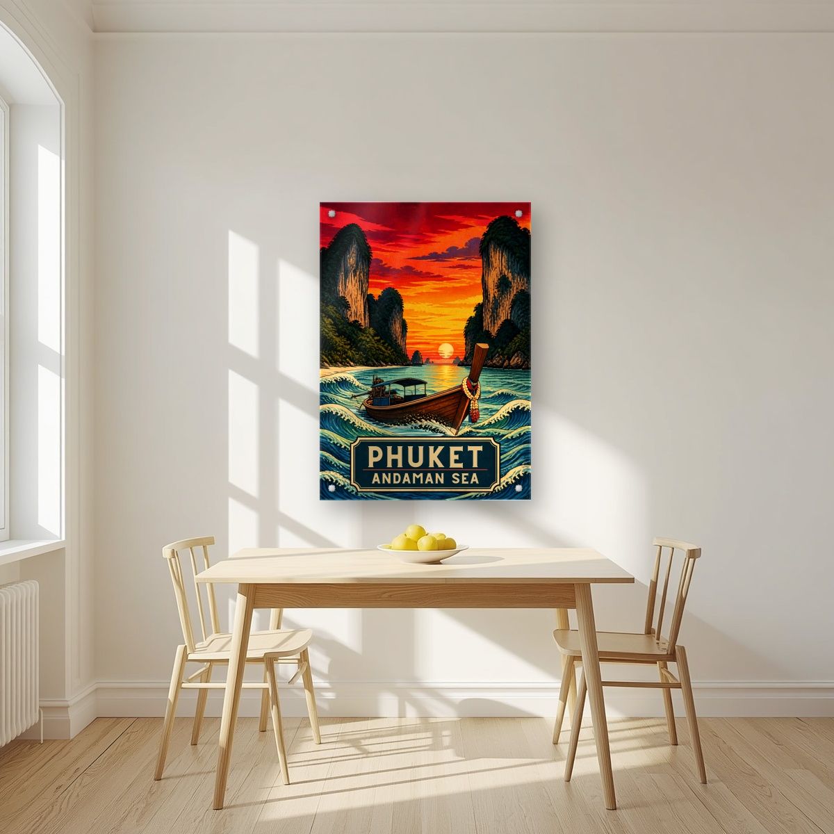 Reua Hang Yao — Phuket art print, as an acrylic print, styled in a kitchen