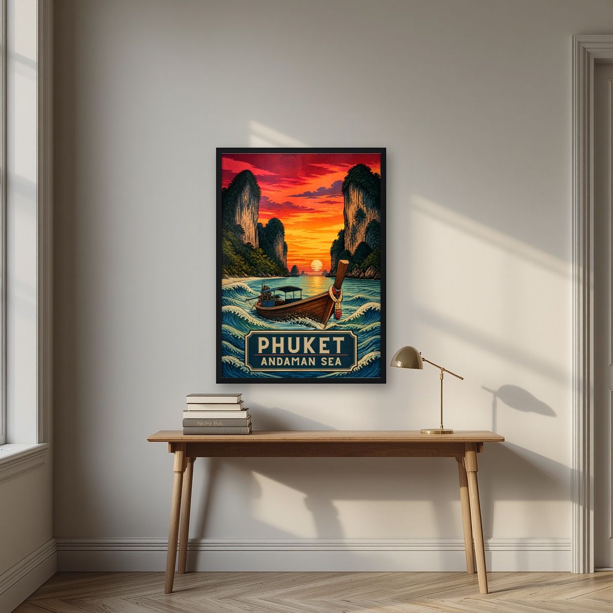 Reua Hang Yao — Phuket art print, in a black frame, styled in a desk