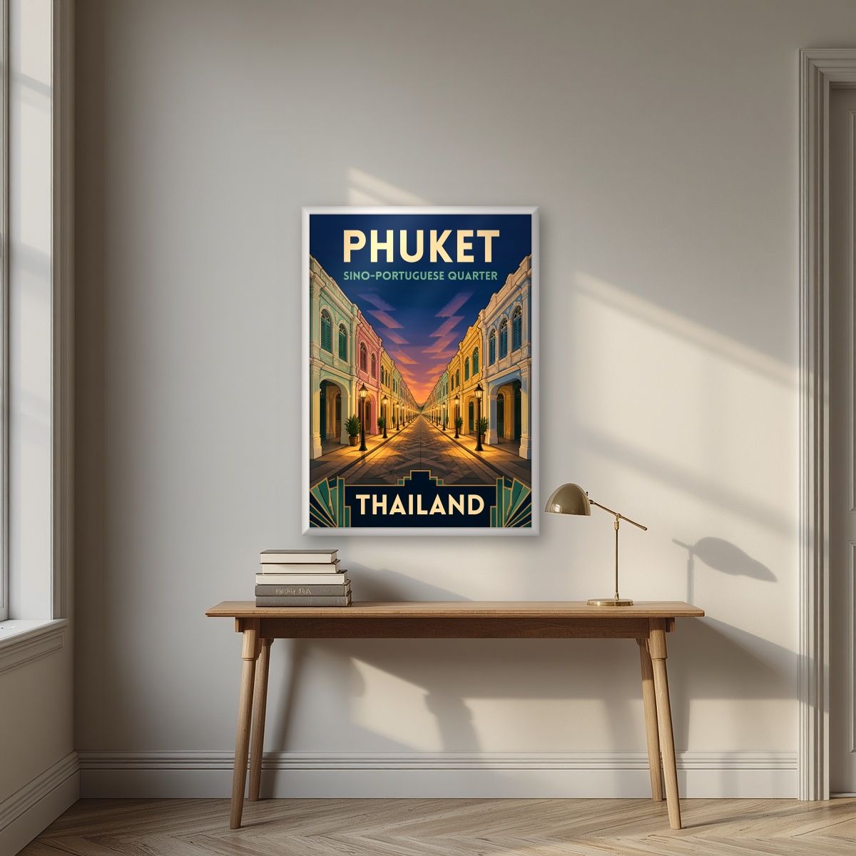 Thanon Thalang — Phuket art print, in a white frame, styled in a desk
