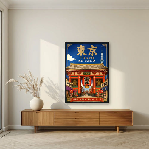 Asakusa — Tokyo art print, in a black frame, styled in a living room