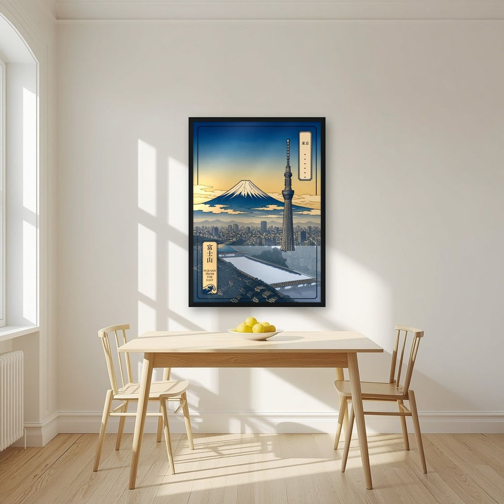 Fuji-San From The East — Tokyo art print, in a black frame, styled in a kitchen