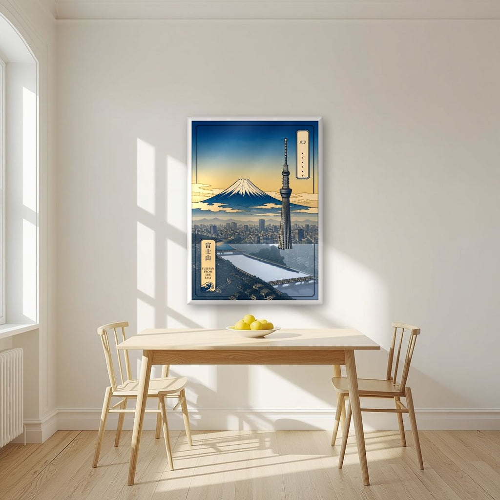 Fuji-San From The East — Tokyo art print, in a white frame, styled in a kitchen