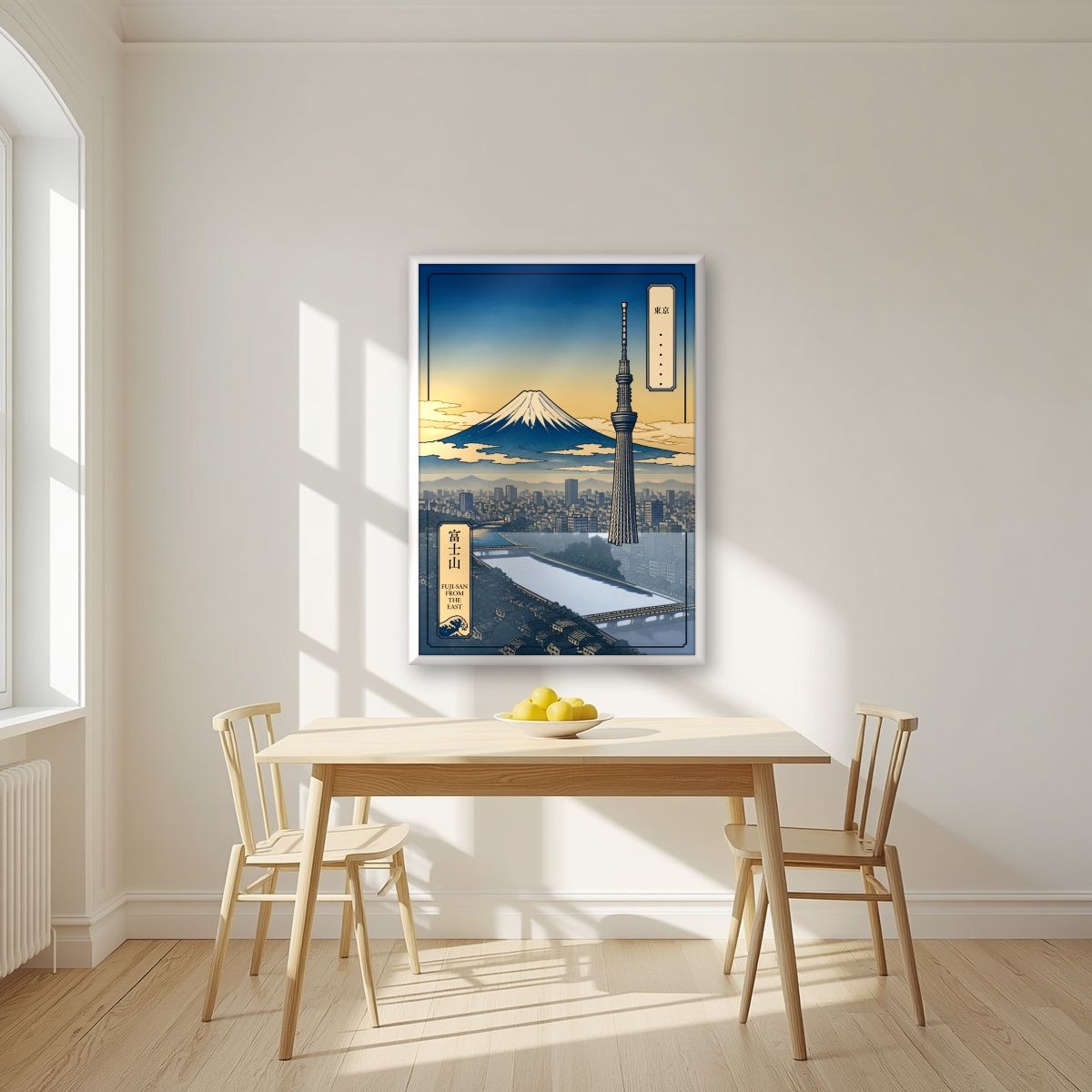 Fuji-San From The East — Tokyo art print, in a white frame, styled in a kitchen