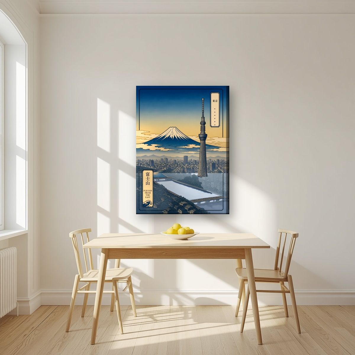 Fuji-San From The East — Tokyo art print, on slim canvas, styled in a kitchen