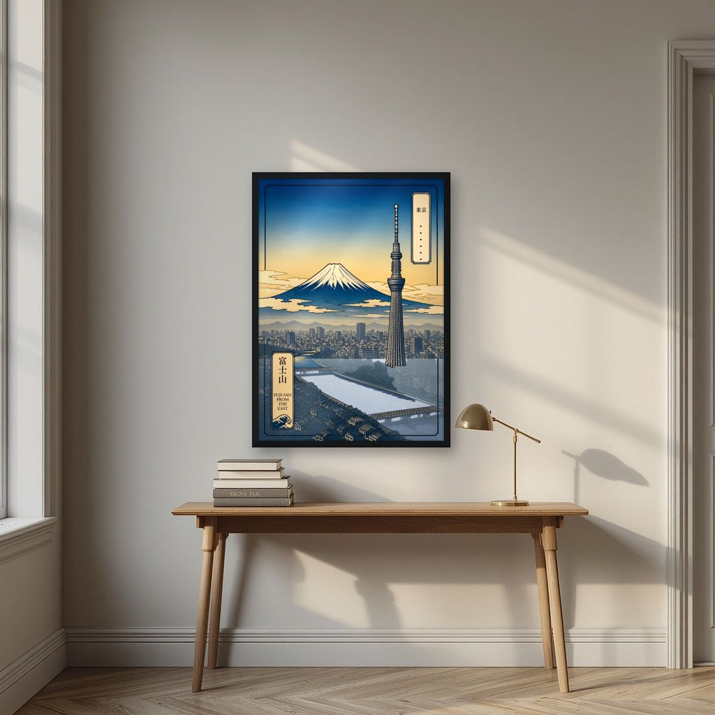 Fuji-San From The East — Tokyo art print, in a black frame, styled in a desk