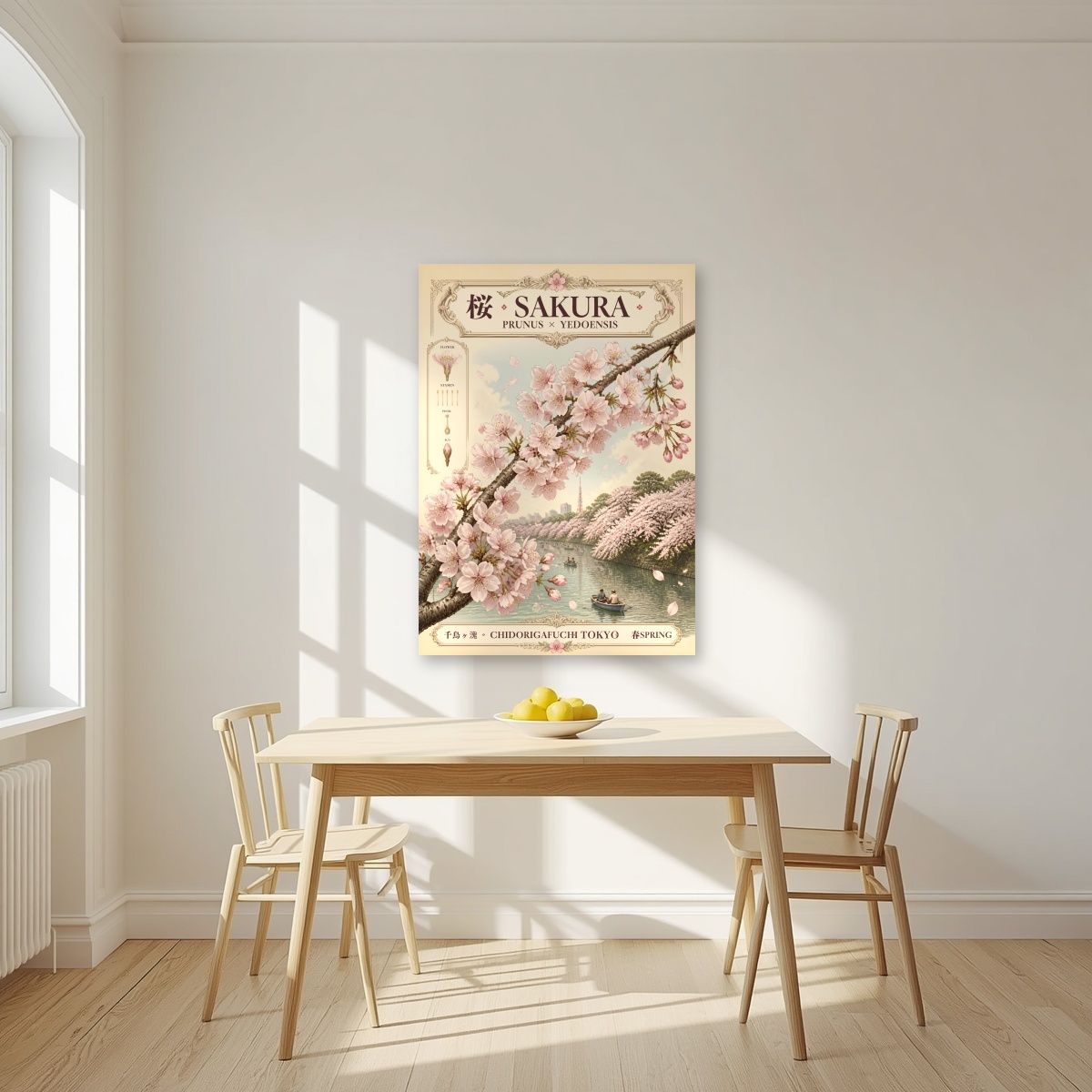 Sakura — Tokyo art print, unframed poster, styled in a kitchen