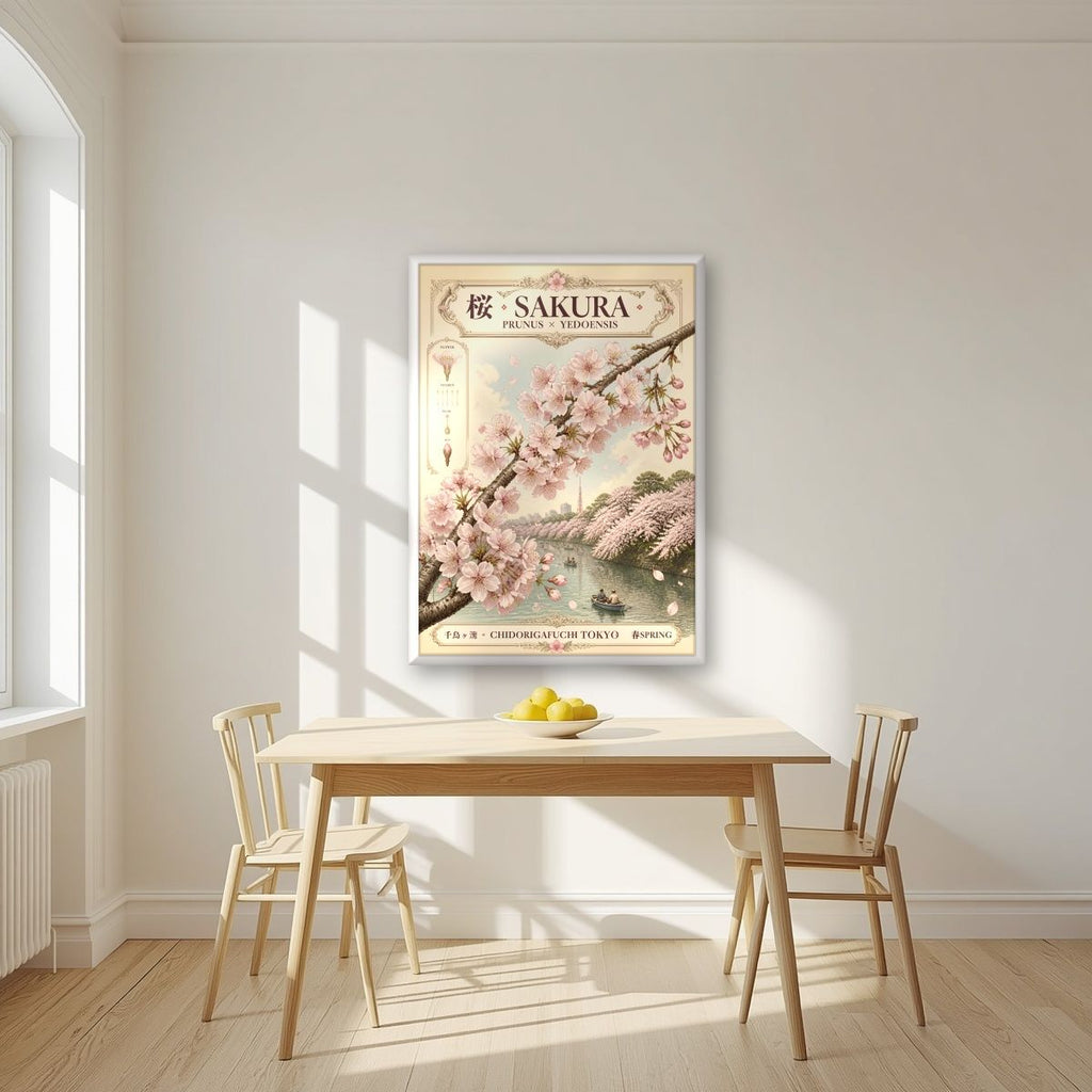 Sakura — Tokyo art print, in a white frame, styled in a kitchen