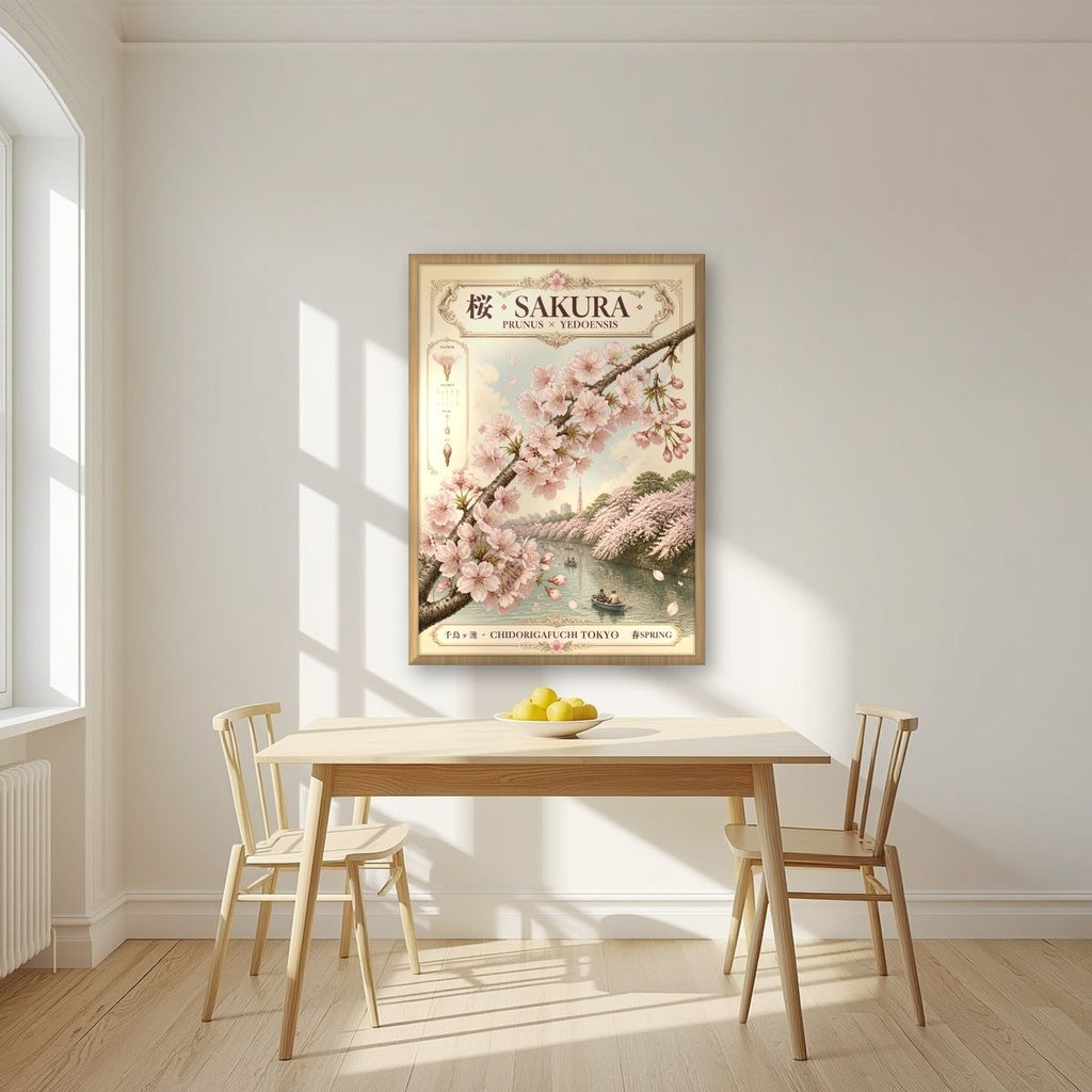 Sakura — Tokyo art print, in an oak frame, styled in a kitchen