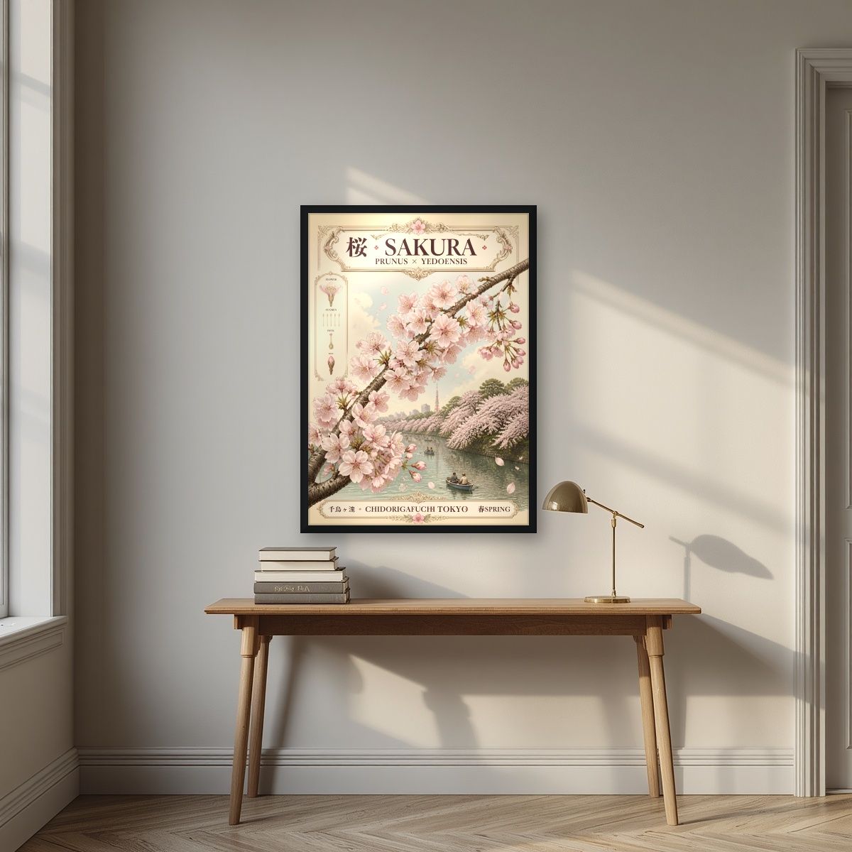 Sakura — Tokyo art print, in a black frame, styled in a desk