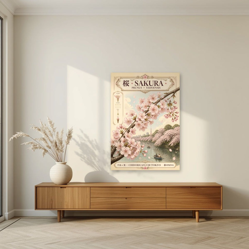 Sakura — Tokyo art print, unframed poster, styled in a living room