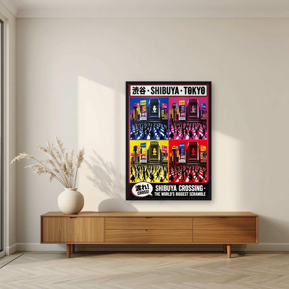 Shibuya Crossing — Tokyo art print, in a black frame, styled in a living room