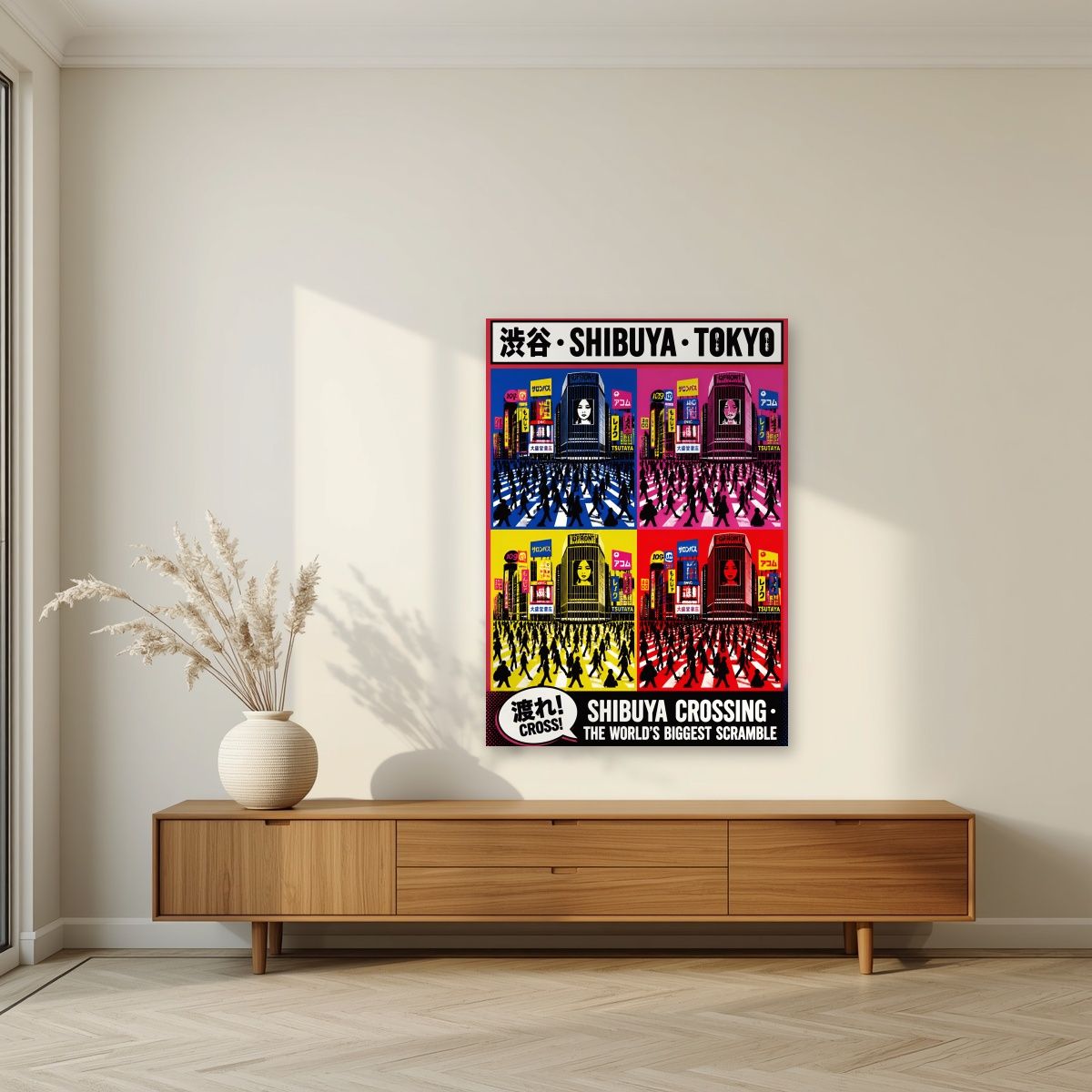 Shibuya Crossing — Tokyo art print, unframed poster, styled in a living room