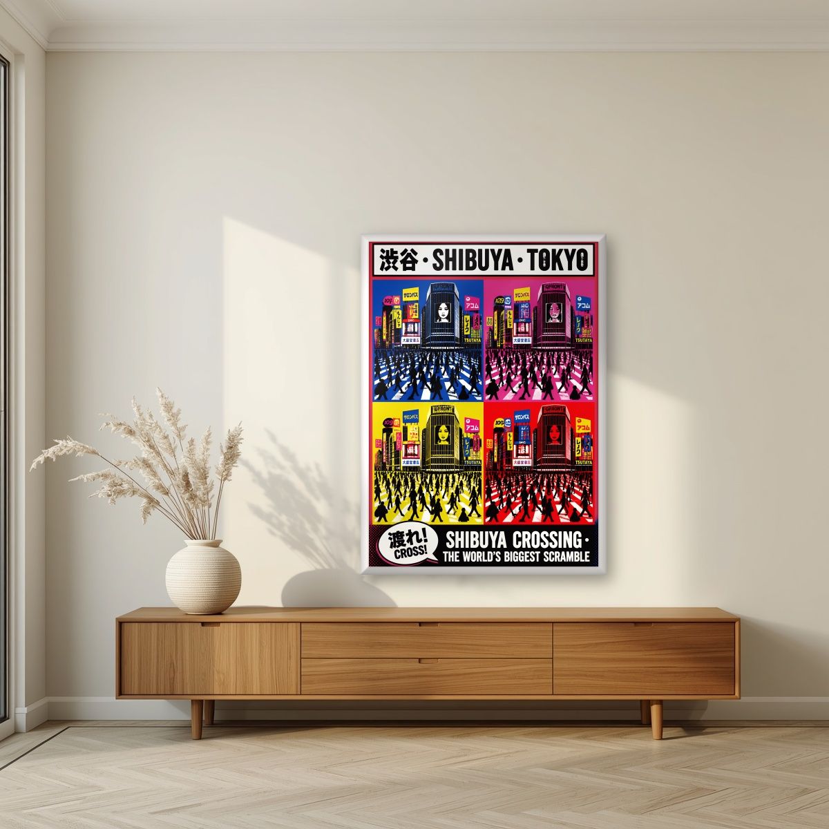 Shibuya Crossing — Tokyo art print, in a white frame, styled in a living room