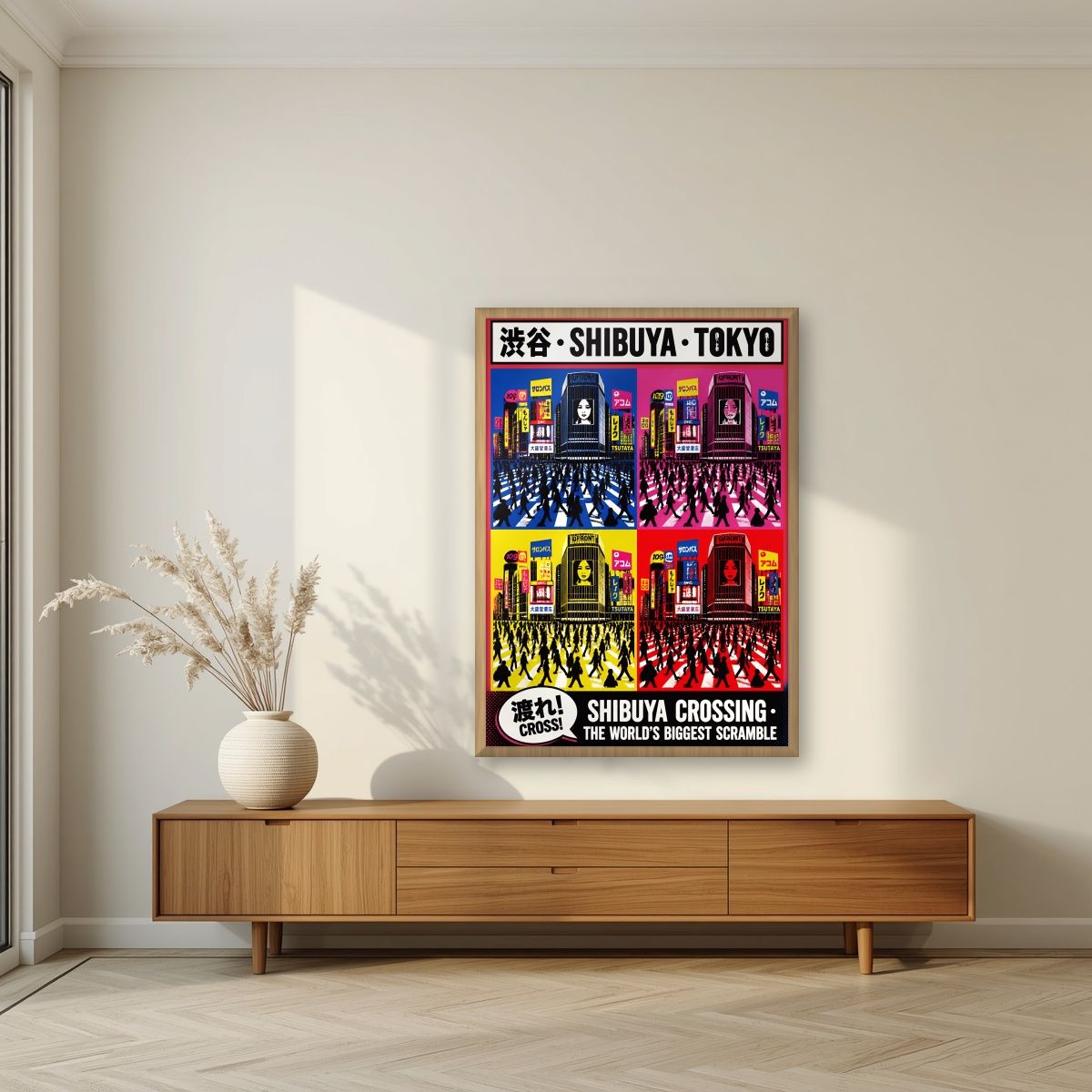 Shibuya Crossing — Tokyo art print, in an oak frame, styled in a living room