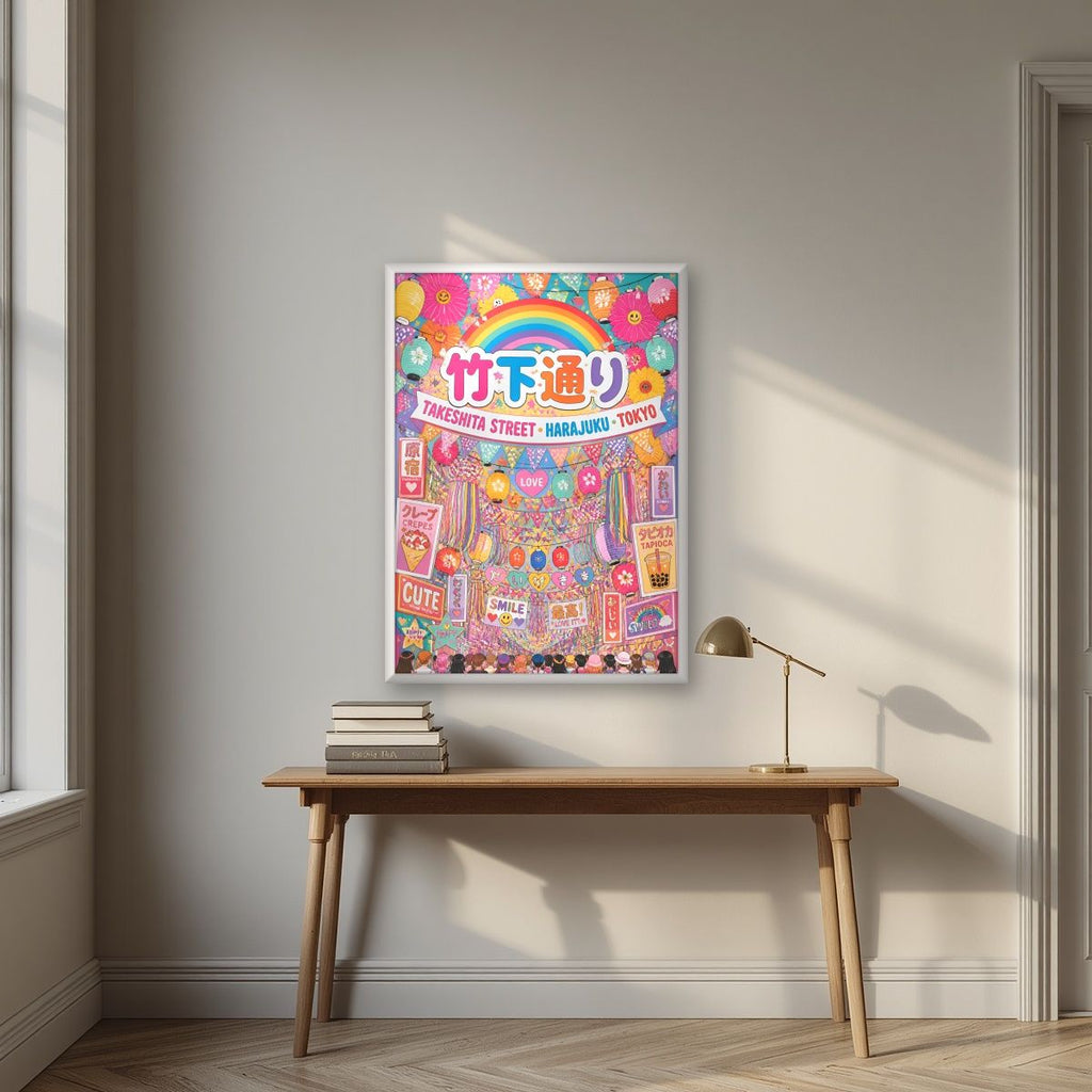 Takeshita Street — Tokyo art print, in a white frame, styled in a desk
