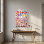 Takeshita Street — Tokyo art print, in a white frame, styled in a desk