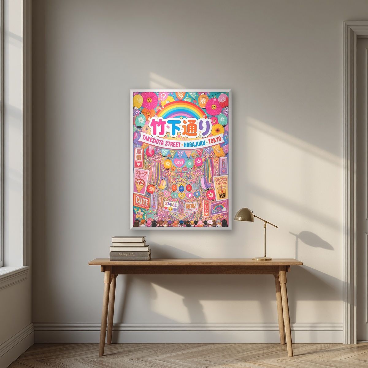 Takeshita Street — Tokyo art print, in a white frame, styled in a desk