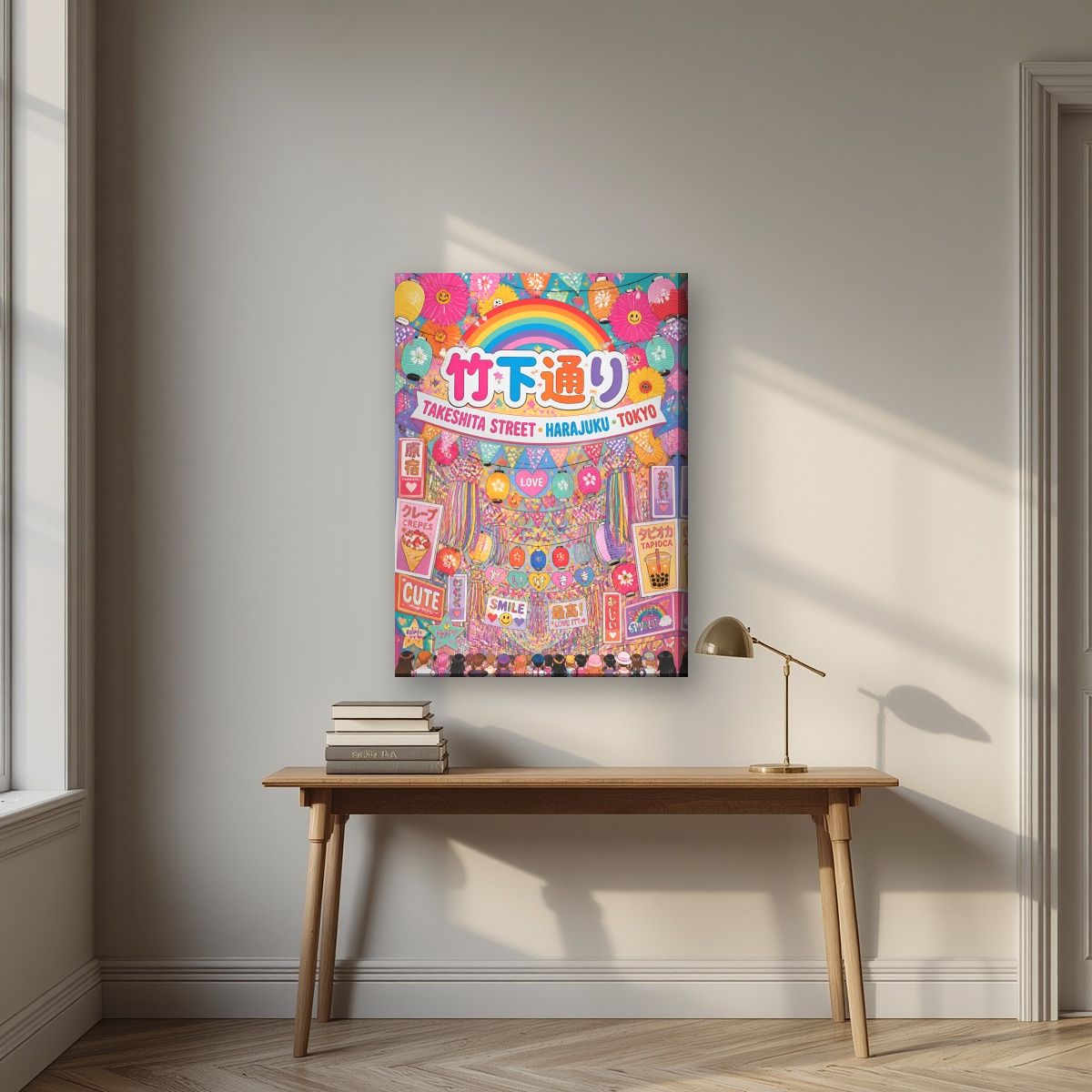Takeshita Street — Tokyo art print, on slim canvas, styled in a desk