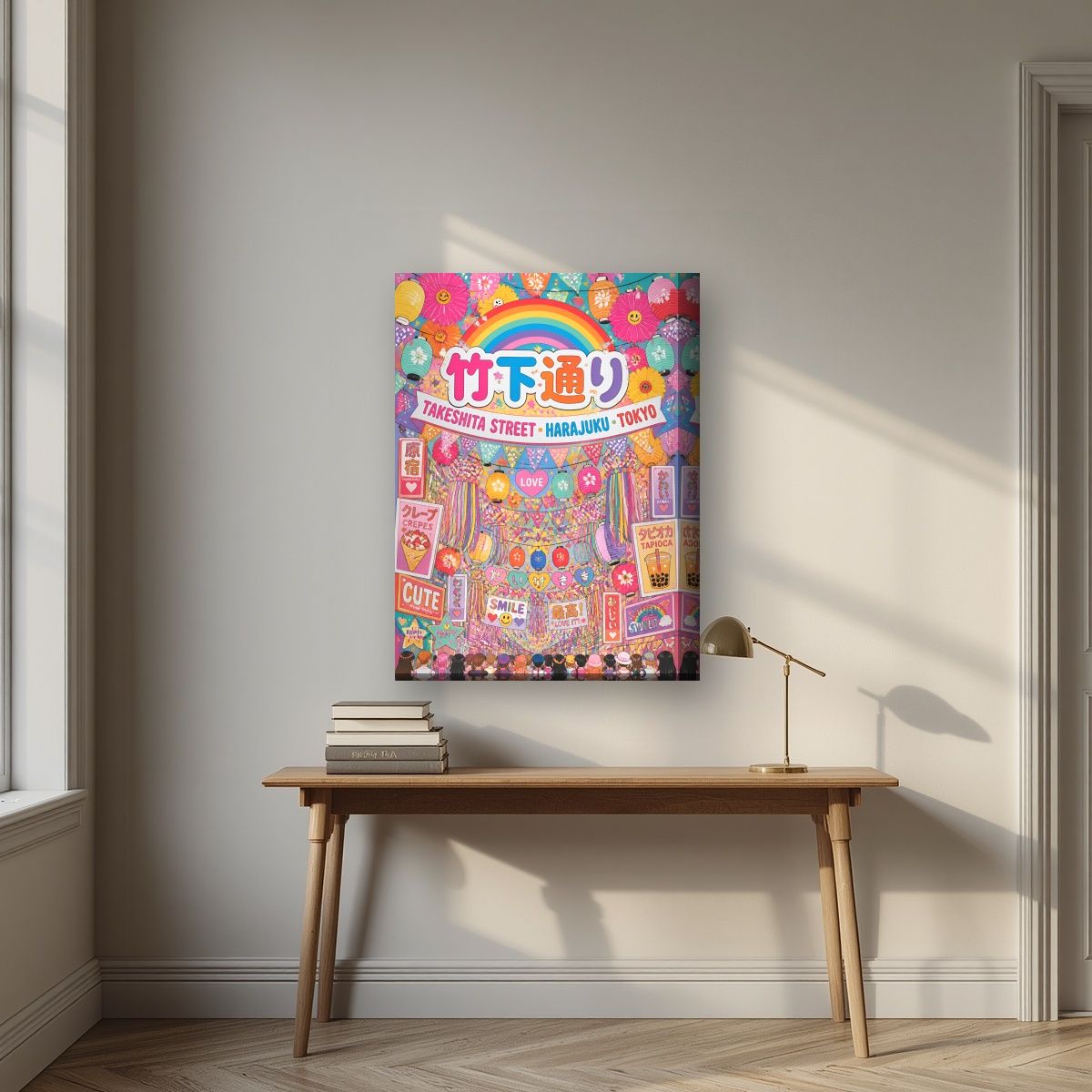 Takeshita Street — Tokyo art print, on thick canvas, styled in a desk