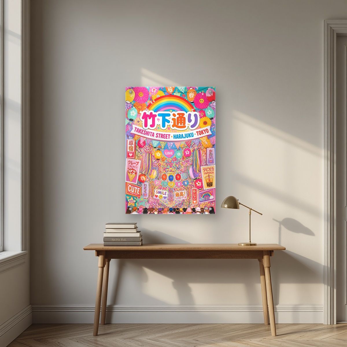 Takeshita Street — Tokyo art print, as an acrylic print, styled in a desk