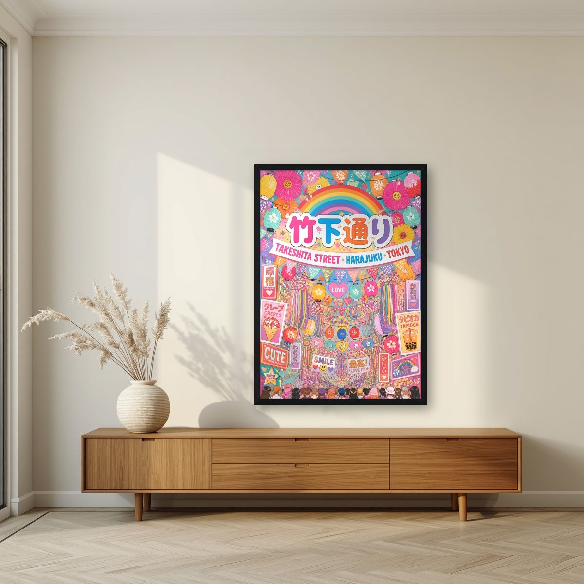 Takeshita Street — Tokyo art print, in a black frame, styled in a living room