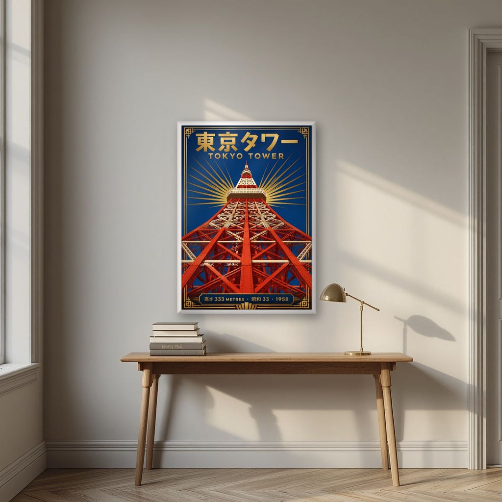 Tokyo Tower — Tokyo art print, in a white frame, styled in a desk