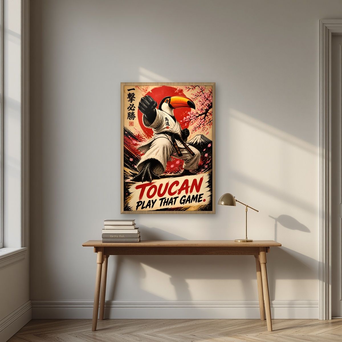 Black Belt Beak — Toucan Play That Game art print, in an oak frame, styled in a desk