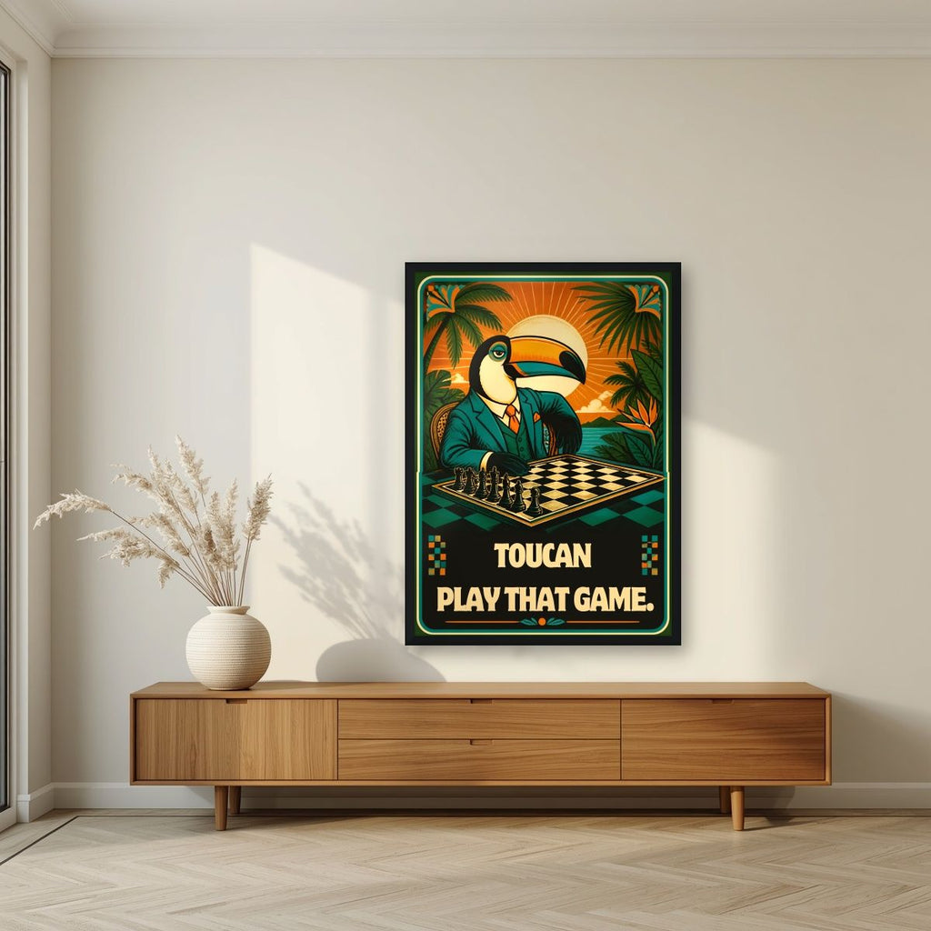 Checkmate — Toucan Play That Game art print, in a black frame, styled in a living room