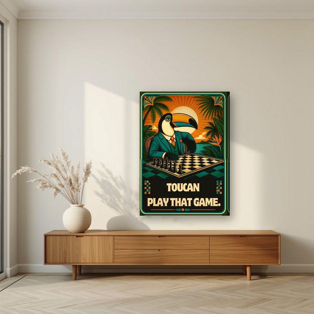 Checkmate — Toucan Play That Game art print, on slim canvas, styled in a living room