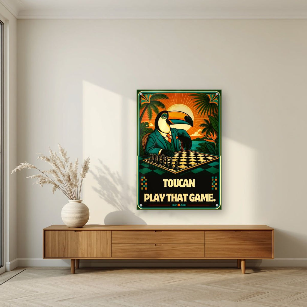 Checkmate — Toucan Play That Game art print, as an acrylic print, styled in a living room