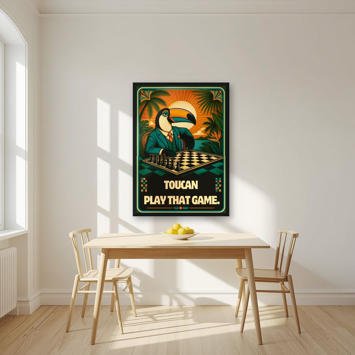 Checkmate — Toucan Play That Game art print, in a black frame, styled in a kitchen