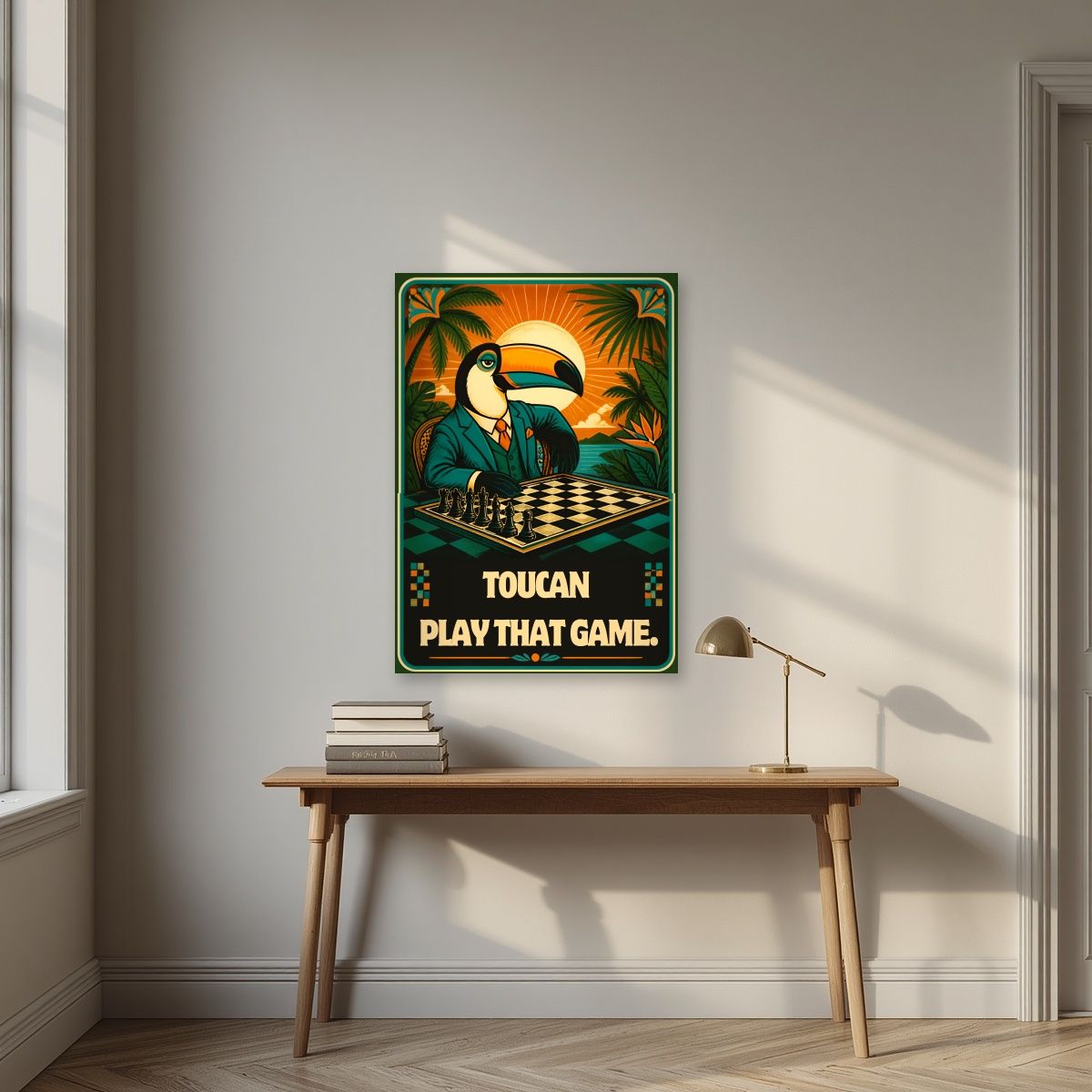 Checkmate — Toucan Play That Game art print, unframed poster, styled in a desk