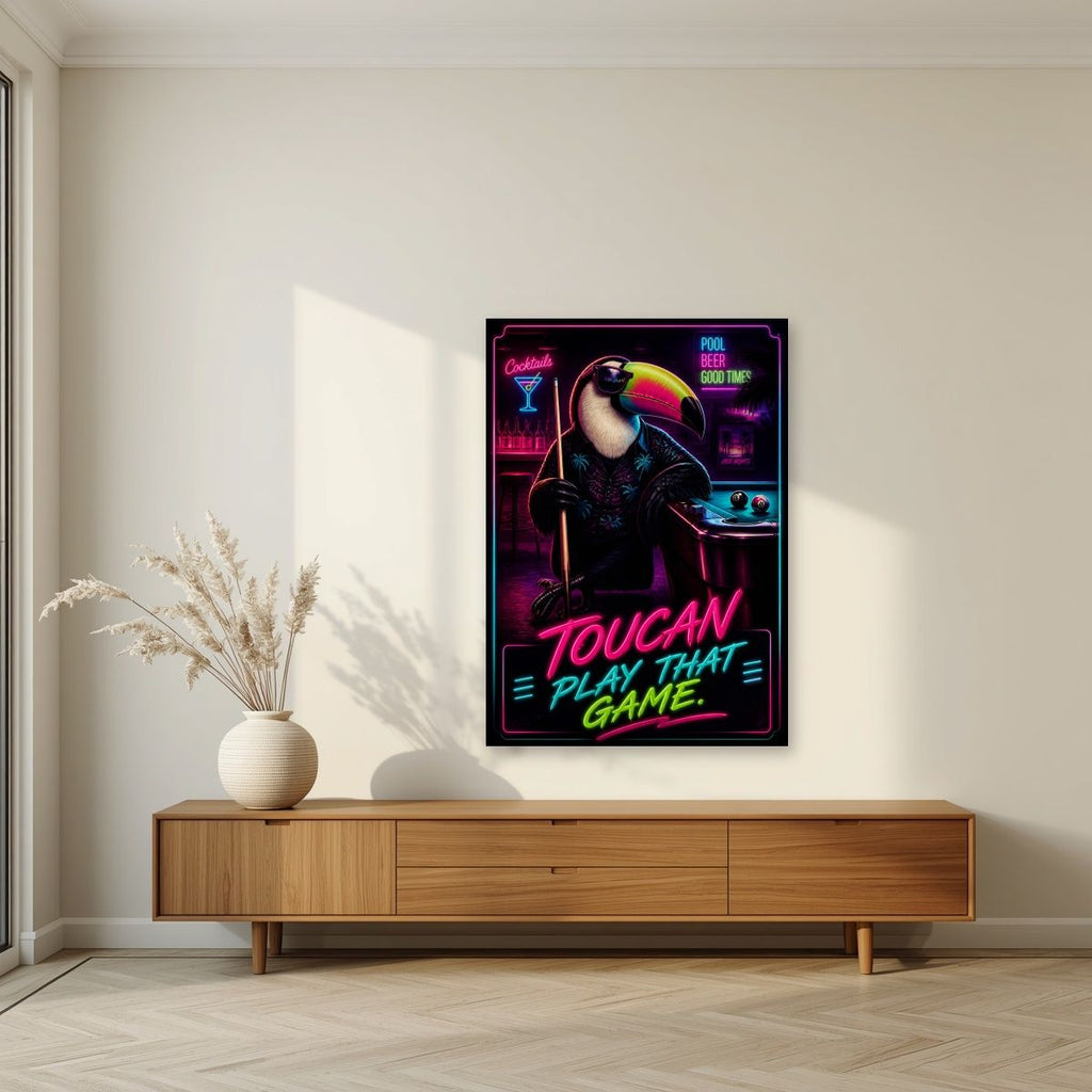 Cue the Neon — Toucan Play That Game art print, unframed poster, styled in a living room