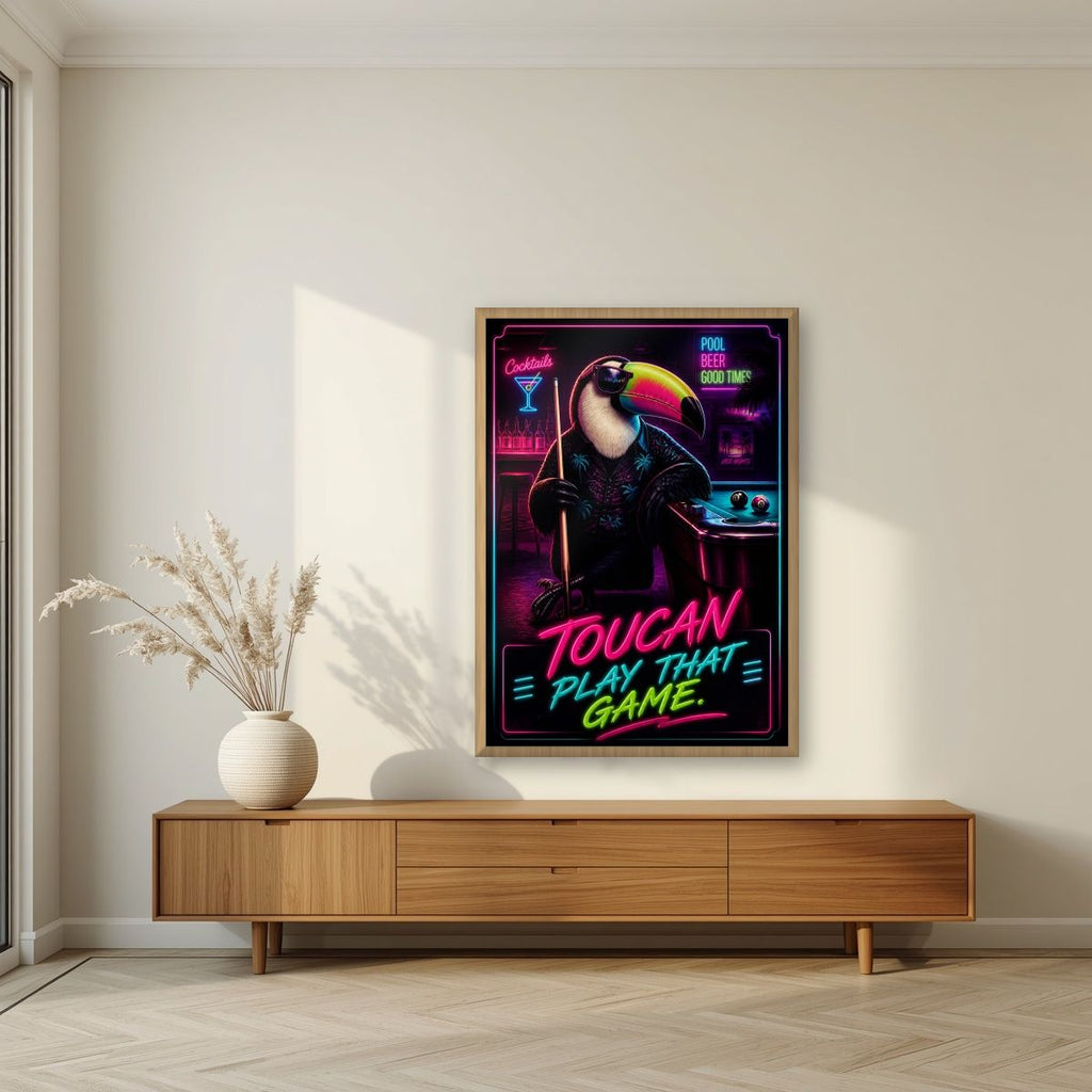 Cue the Neon — Toucan Play That Game art print, in an oak frame, styled in a living room