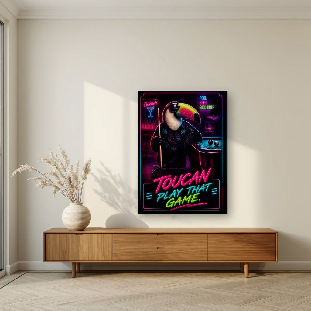 Cue the Neon — Toucan Play That Game art print, on slim canvas, styled in a living room