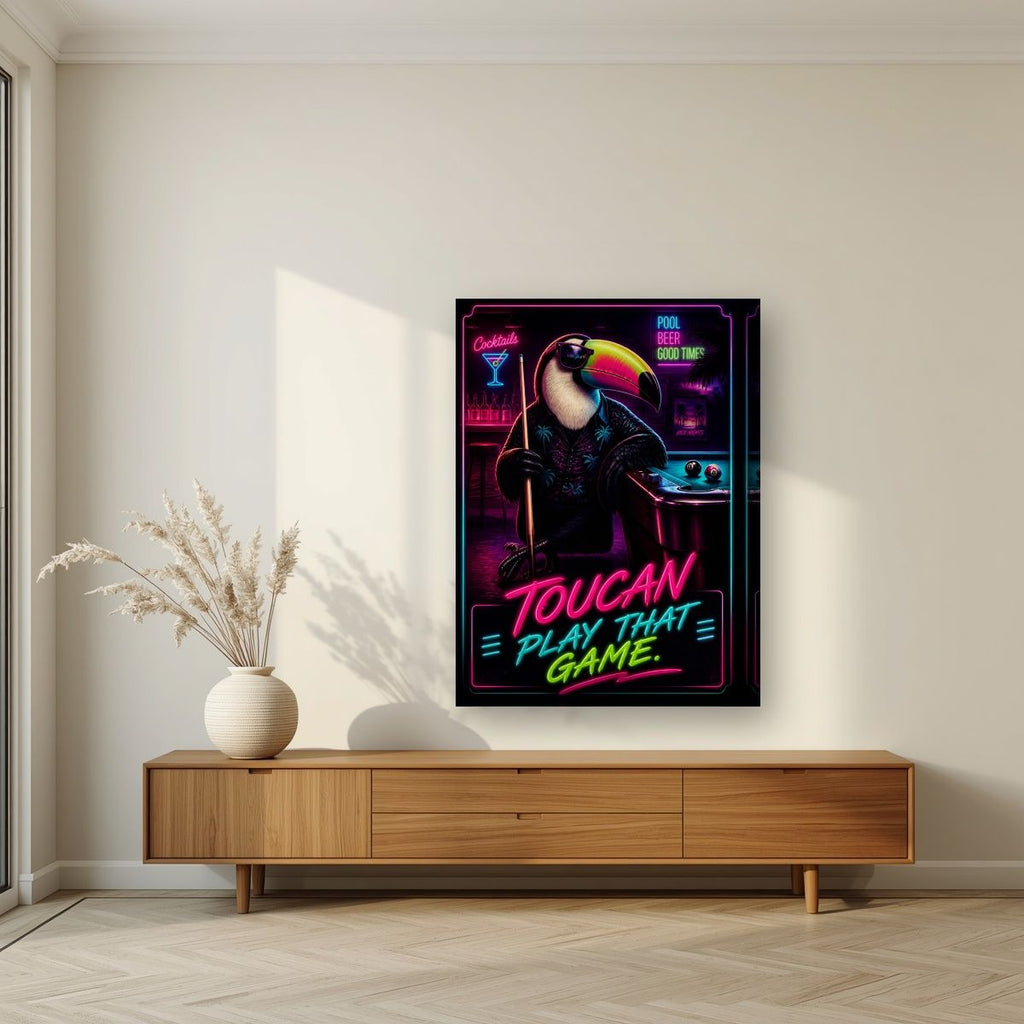 Cue the Neon — Toucan Play That Game art print, on thick canvas, styled in a living room