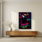Cue the Neon — Toucan Play That Game art print, on thick canvas, styled in a living room