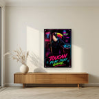 Cue the Neon — Toucan Play That Game art print, as an acrylic print, styled in a living room