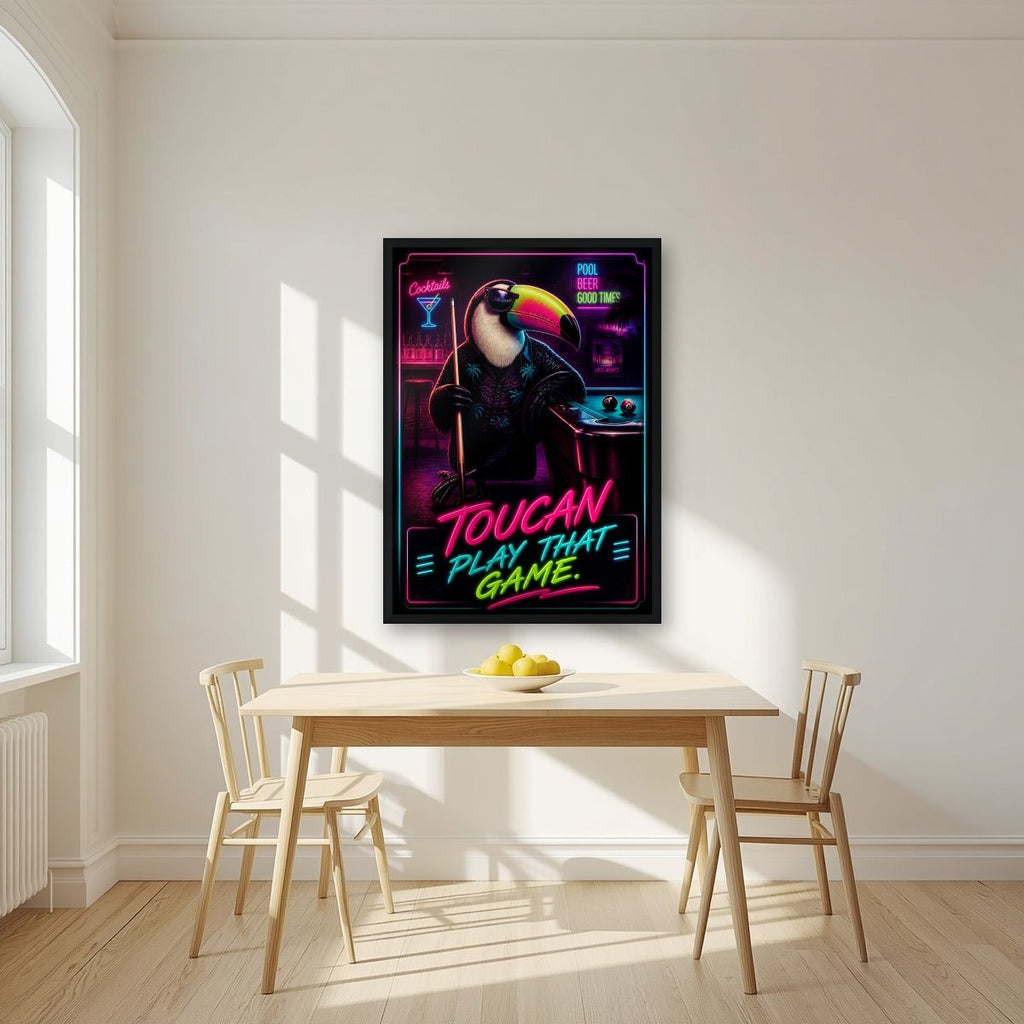 Cue the Neon — Toucan Play That Game art print, in a black frame, styled in a kitchen