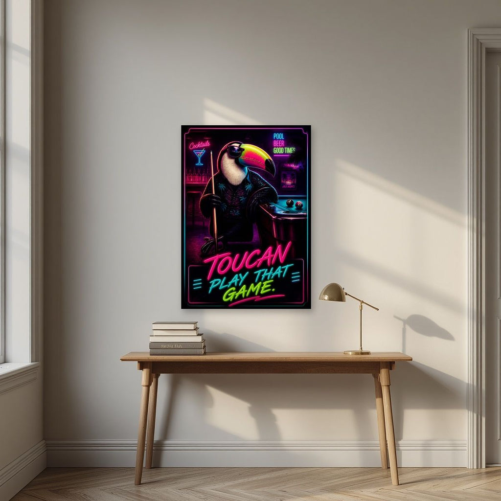 Cue the Neon — Toucan Play That Game art print, unframed poster, styled in a desk